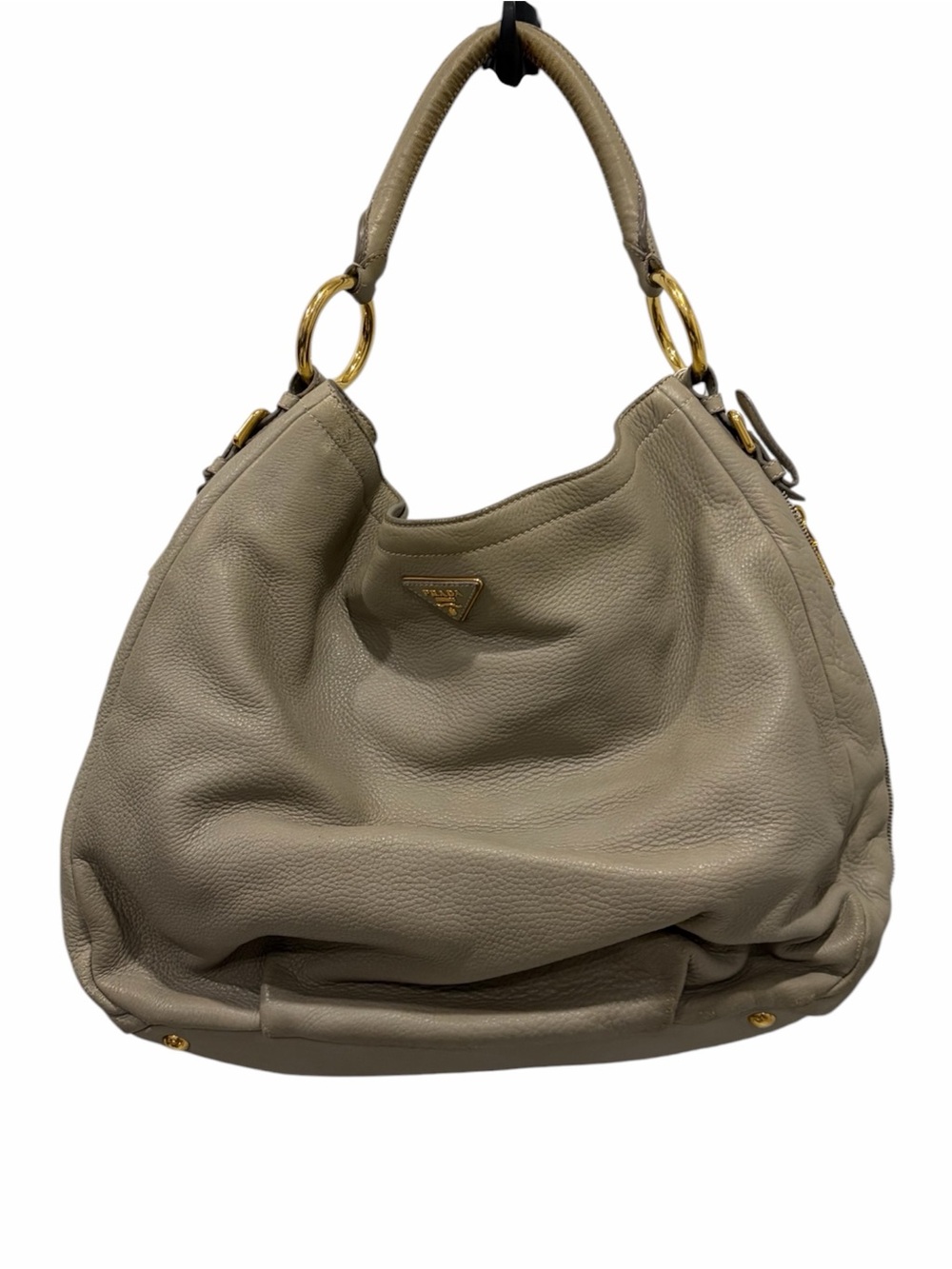 Prada Taupe Pebbled Leather Shoulder Hobo with Gold Hardware